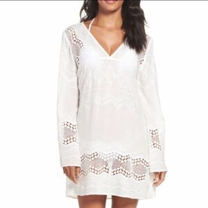 NWT La Blanca White Embroidered Eyelet V Neck Swim Cover Up Dress Bell Sleeves M